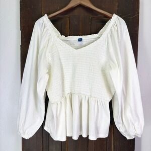 Old‎ Navy Smocked Peplum Top XXL Sea salt White Crinkle Boho Peasant Cottagecore